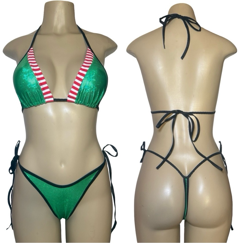 Emerald and Candy Stripe Christmas Bikini Set